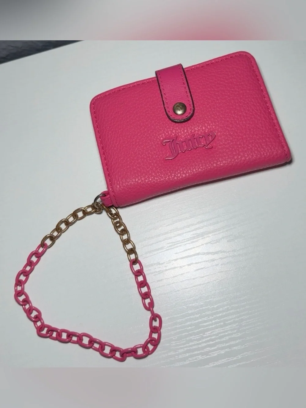 Juicy Couture Hot Pink Leather Card Holder with Gold Chain Accent